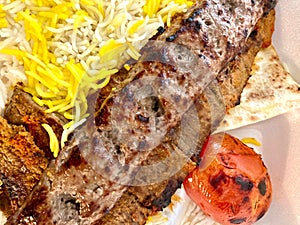 Hamburger and Beef Kabob with Rice