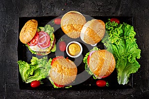 Hamburger with beef meat burger and fresh vegetables