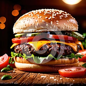 Hamburger, beef patty with bun, popular fast food meal