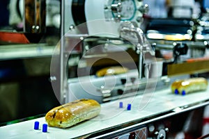 Hamburger buns production line on conveyor belt equipment machinery in factory