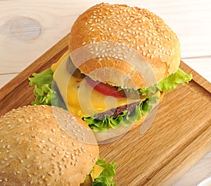 Hamburger buns with sesame seeds taken closeup