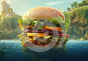 Hamburger or Burger with Cheese and Vegetables as Island in an Ocean Water extreme closeup. Generative AI