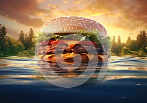 Hamburger or Burger with Cheese and Vegetables as Island in an Ocean Water extreme closeup. Generative AI