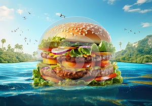 Hamburger or Burger with Cheese and Vegetables as Island in an Ocean Water extreme closeup. Generative AI