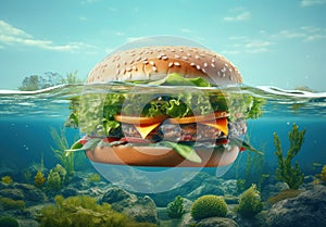 Hamburger or Burger with Cheese and Vegetables as Island in an Ocean Water extreme closeup. Generative AI