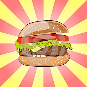 Hamburger or Burger with salad, cheese, beef meat cutlet and tomatoes. Cartoon-styled Fast Food -tasty Cheeseburger.
