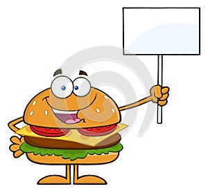 Hamburger Cartoon Character Holding A Blank Sign