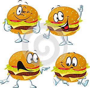 Hamburger cartoon with face and hand gesture - vector