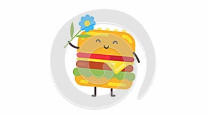 Hamburger character holding flower and smiling. Alpha channel