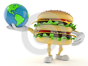 Hamburger character holding world globe