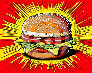 Hamburger with Cheese and Lettuce on a Red Background with Halft
