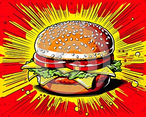 Hamburger with Cheese and Lettuce on a Red Background with Halft photo