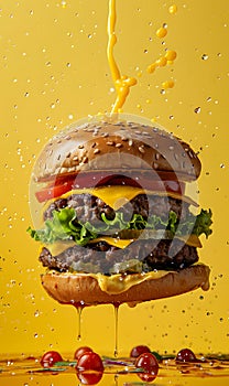 a hamburger with cheese , lettuce , tomatoes and mustard is floating in the air