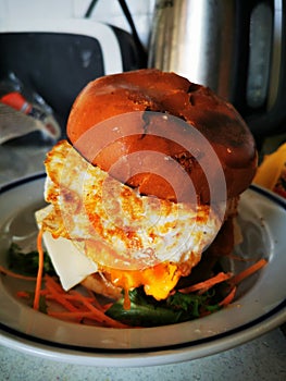 Hamburger with cheese, salad and fried egg on a plate