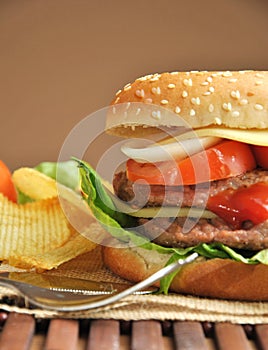 Hamburger with cheese, tomato, onion and lettuce