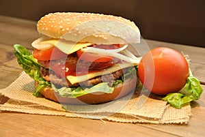 Hamburger with cheese, tomato, onion and lettuce