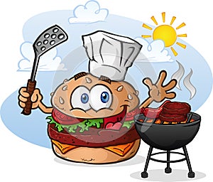 Hamburger Cheeseburger Cartoon Character Grilling with a Chef Hat