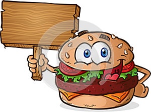 Hamburger Cheeseburger Cartoon Character Holding a Wooden Sign