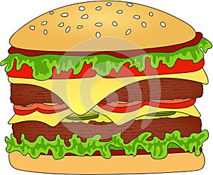 Hamburger or cheeseburger with cheese, tomato, meat and salad. F