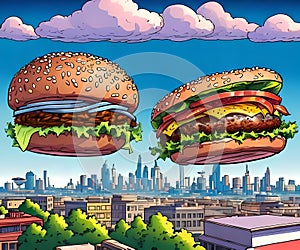 Hamburger and cheeseburger flying lile UFOs over the city photo