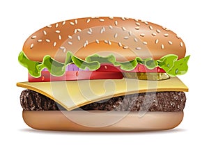 Hamburger. Classic Burger. American Cheeseburger with Lettuce Tomato Onion Cheese Beef and Sauce Close up isolated on white