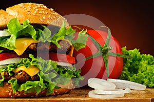 Hamburger closeup and vegetables