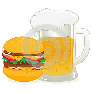 Hamburger and cold beer. Vector illustration