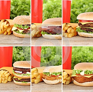 Hamburger collection set cheeseburger and fries menu meal combo