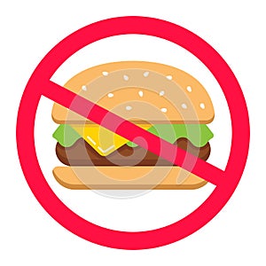 Hamburger in a crossed out circle. junk food. fast food ban.