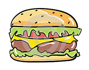 Hamburger drawing icon flat style isolated vector illustration. Colorful burger cartoon, fast food logo design