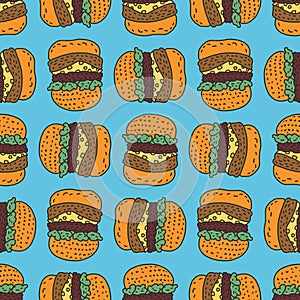 Hamburger drawing pattern. Big burger cartoon style background.