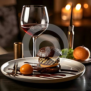 Hamburger on an elegant plate accompanied by wine