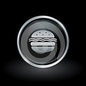 Hamburger fast food icon inside round silver and black emblem