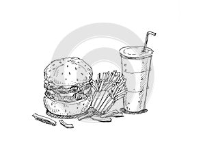 Hamburger fires and soda set hand illustration