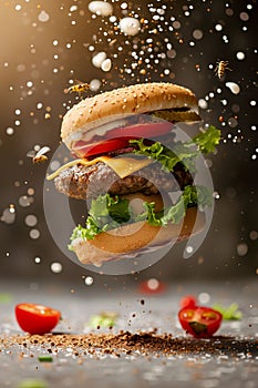 Hamburger Flying Through the Air With Lettuce and Tomatoes