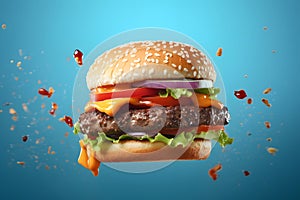 hamburger flying on blue background, neural network generated photorealistic image