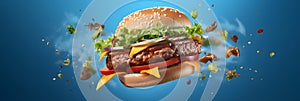 hamburger flying on blue background, neural network generated photorealistic image