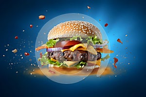 hamburger flying on blue background, neural network generated photorealistic image