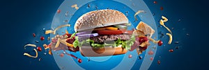 hamburger flying on blue background, neural network generated photorealistic image