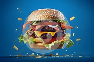 hamburger flying on blue background, neural network generated photorealistic image