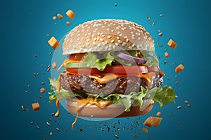 hamburger flying on blue background, neural network generated photorealistic image