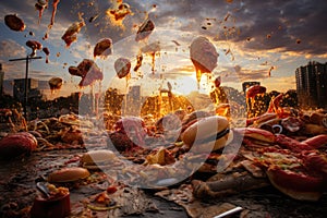 Hamburger with flying ingredients on the background of the city. grotesque scene of food getting tossed around in an urban