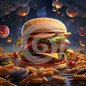 Hamburger with flying ingredients and planets in the background. 3D illustration