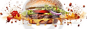 hamburger flying on white background, neural network generated photorealistic image