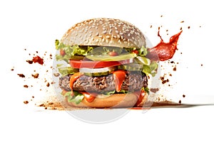 hamburger flying on white background, neural network generated photorealistic image