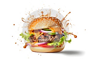 hamburger flying on white background, neural network generated photorealistic image