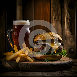 Hamburger with french fries and beer on a wooden background