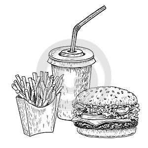 Hamburger, french fries and cola hand drawn vector illustration. Fast food engraved style. Burger sketch isolated on white