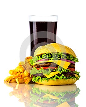 Hamburger, french fries and drink