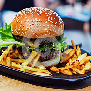 Hamburger with french fries, fast food meal